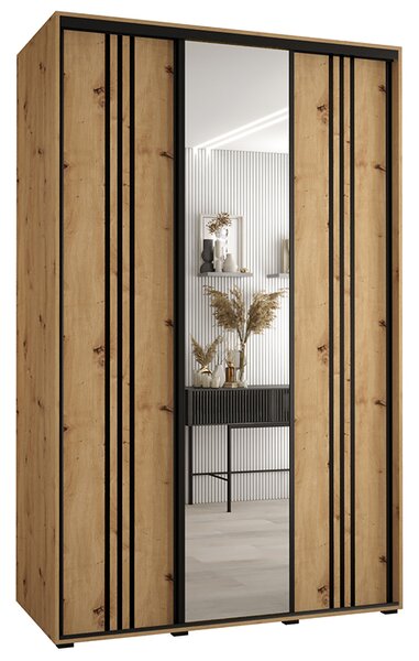 Šatní skříň s posuvnými dveřmi a zrcadlem DAVOS 7, 160cm | DUB Artisan / černé pojezdy