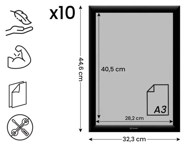 Plakátový rám A3 OWZ – černý, zacvakávací - sada 10 kusů, KPL10_FRAME_A3BK