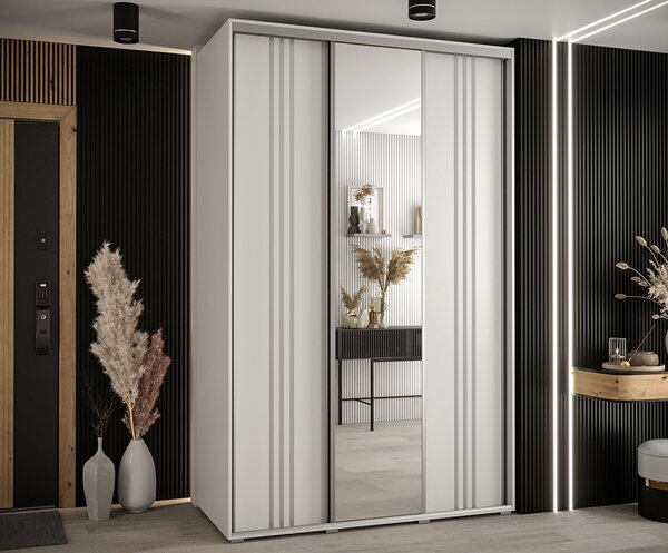 Šatní skříň s posuvnými dveřmi a zrcadlem DAVOS 7, 160cm | Bílá / stříbrné pojezdy