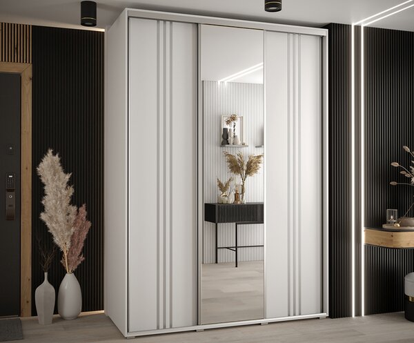Šatní skříň s posuvnými dveřmi a zrcadlem DAVOS 7, 170cm | Bílá / stříbrné pojezdy