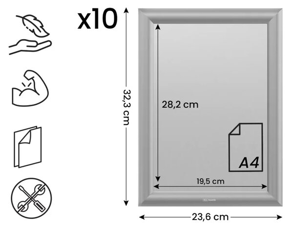 Plakátový rám A4 – Uzamykatelný stříbrný Klip rám - sada 10 kusů, KPL10_FRAME_A4S