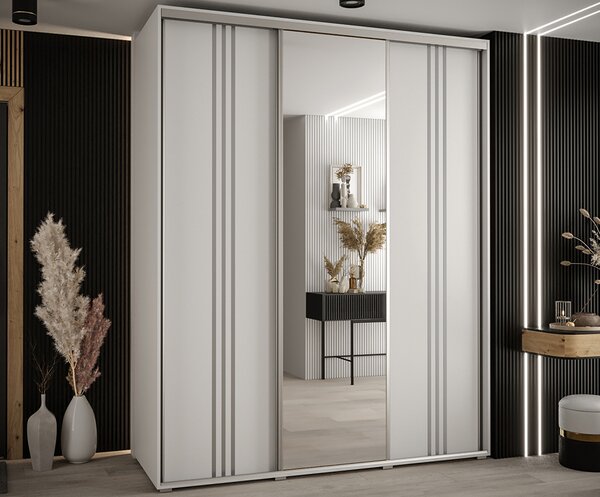 Šatní skříň s posuvnými dveřmi a zrcadlem DAVOS 7, 190cm | Bílá / stříbrné pojezdy