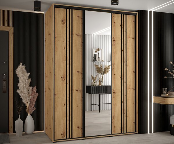 Šatní skříň s posuvnými dveřmi a zrcadlem DAVOS 7, 170cm | DUB Artisan / černé pojezdy