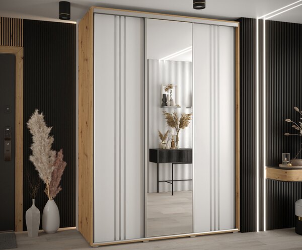 Šatní skříň s posuvnými dveřmi a zrcadlem DAVOS 7, 170cm | DUB Artisan / bílá / stříbrné