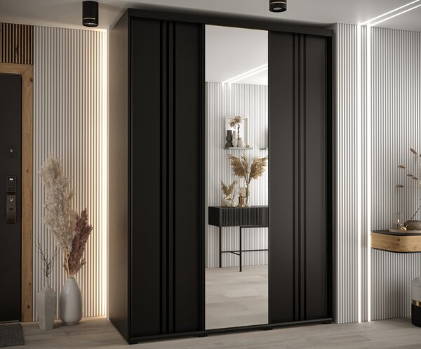 Šatní skříň s posuvnými dveřmi a zrcadlem DAVOS 7, 170cm | Černá / černé pojezdy