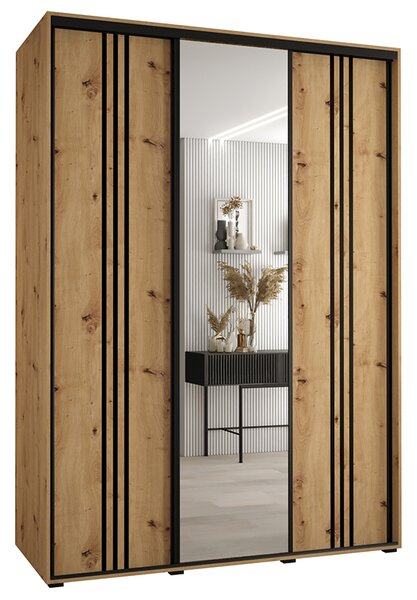Šatní skříň s posuvnými dveřmi a zrcadlem DAVOS 7, 170cm | DUB Artisan / černé pojezdy