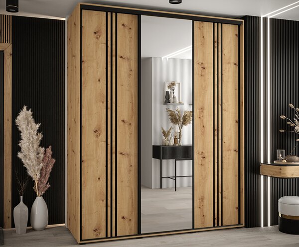 Šatní skříň s posuvnými dveřmi a zrcadlem DAVOS 7, 190cm | DUB Artisan / černé pojezdy