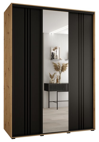 Šatní skříň s posuvnými dveřmi a zrcadlem DAVOS 7, 170cm | DUB Artisan / černá / černé