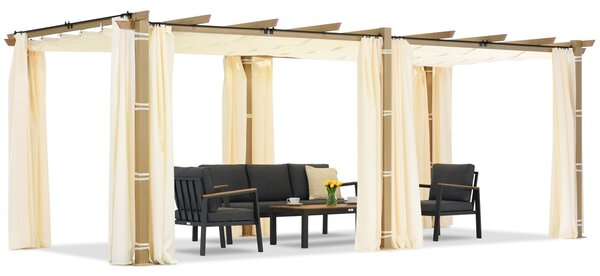 Barbadoská pergola na terasu 3x6 m s dřevěnými béžovými závěsy Garden Point