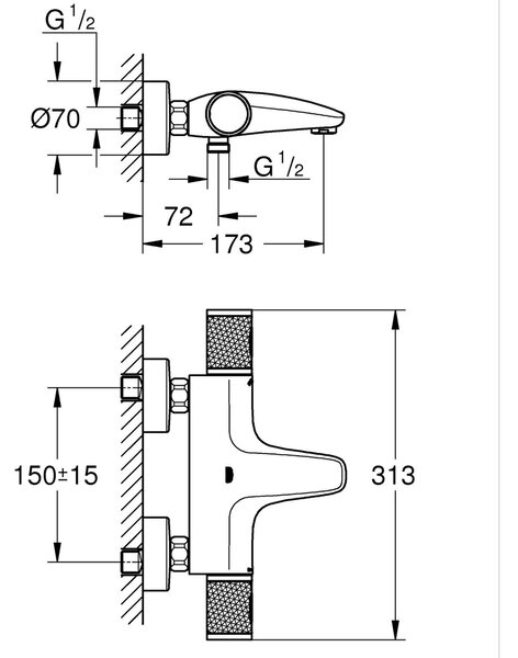 Grohe Precision Feel vanová baterie na stěnu s termostatem černá 347882430