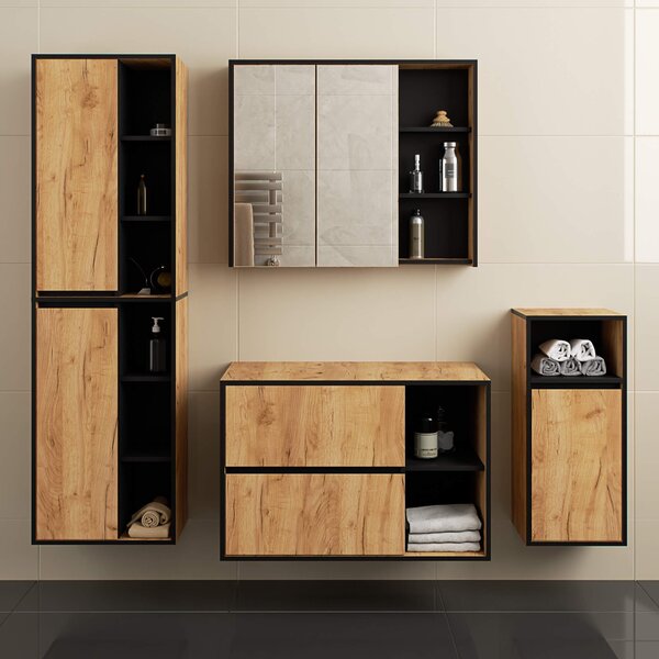 Ak furniture Závěsná skříňka pod umyvadlo VAMI s otvory 90 cm dub craft/černá