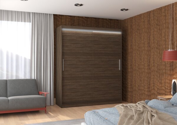 Posuvná skříň s LED osvětlením 180 cm DAFRIA - tmavě hnědá