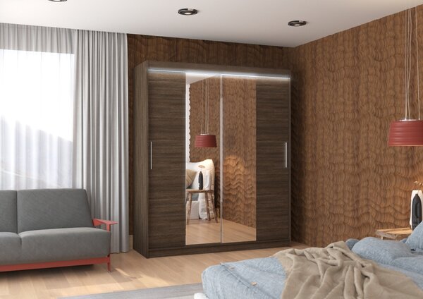 Šatní skříň se zrcadlem a LED osvětlením 180 cm EAFRA - tmavě hnědá