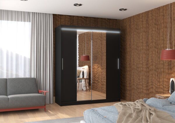 Šatní skříň se zrcadlem a LED osvětlením 180 cm EAFRA - černá