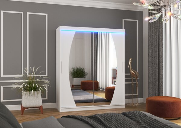 Šatní skříň se zrcadlem a LED osvětlením 180 cm ZABRIX - bílá