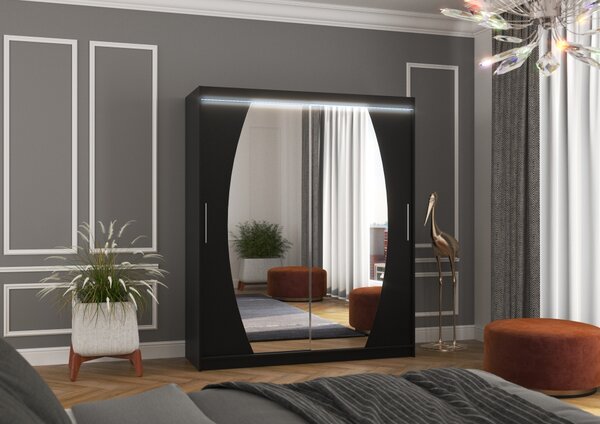 Šatní skříň se zrcadlem a LED osvětlením 180 cm ZABRIX - černá