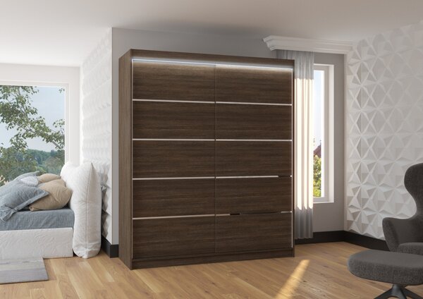 Skříň s posuvnými dveřmi a LED osvětlením 180 cm NABNA - tmavě hnědá