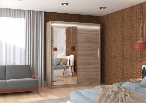 Zrcadlová šatní skříň 180 cm s LED osvětlením ZAFLIA - dub lanýž
