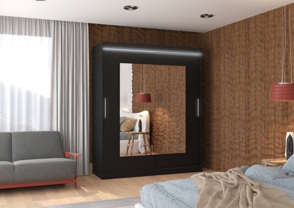 Šatní skříň se zrcadlem 180 cm a LED osvětlením BALIA - černá