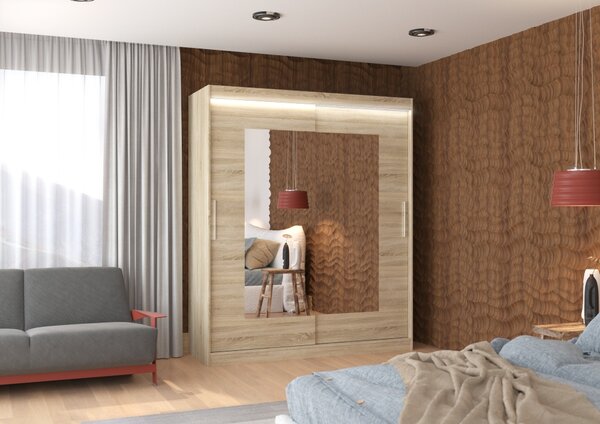 Šatní skříň se zrcadlem 180 cm a LED osvětlením BALIA - dub sonoma