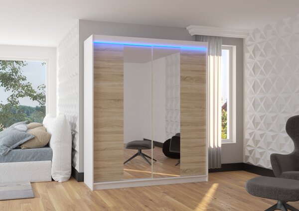 Šatní skříň se zrcadlem 180 cm a LED osvětlením DALRIS - bílá / dub sonoma