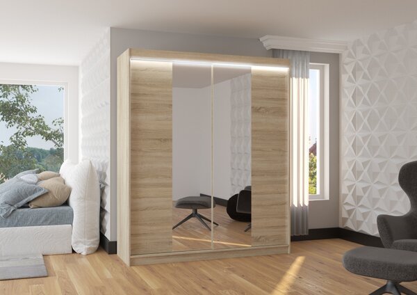 Šatní skříň se zrcadlem 180 cm a LED osvětlením DALRIS - dub sonoma