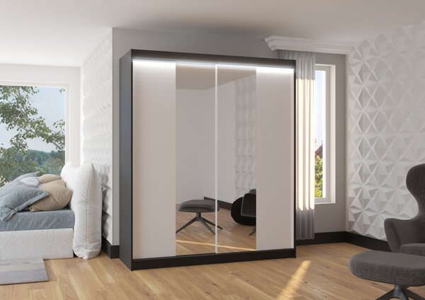 Šatní skříň se zrcadlem 180 cm a LED osvětlením DALRIS - černá / bílá