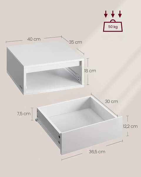 SONGMICS Sada 2 ks závěsných nočních stolků Vasagle Drawer s LED osvětlením bílá