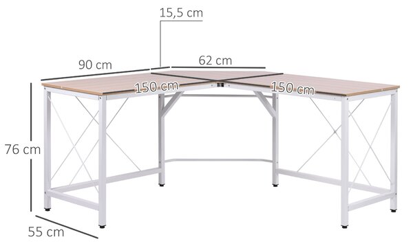 HOMCOM Počítačový stůl, kancelářský stůl, pracovní stůl do tvaru L, psací stůl, rohový stůl, MDF, přírodní, 150 x 150 x 76 cm | Aosom