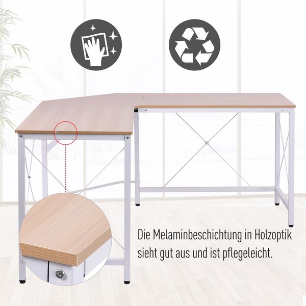 HOMCOM Počítačový stůl, kancelářský stůl, pracovní stůl do tvaru L, psací stůl, rohový stůl, MDF, přírodní, 150 x 150 x 76 cm | Aosom