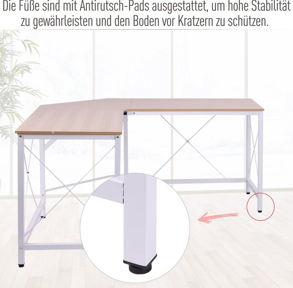 HOMCOM Počítačový stůl, kancelářský stůl, pracovní stůl do tvaru L, psací stůl, rohový stůl, MDF, přírodní, 150 x 150 x 76 cm | Aosom