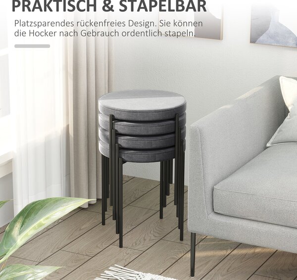 HOMCOM Set 4 stohovatelných jídelních židlí, kuchyňské barové židle s polstrovaným sedákem, sametový vzhled, kovová šedá 41,5 x 41,5 x 46 cm | Aosom