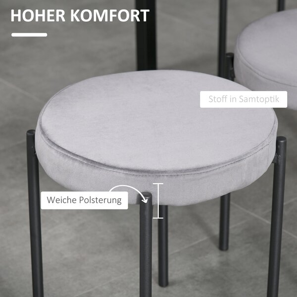HOMCOM Set 4 stohovatelných jídelních židlí, kuchyňské barové židle s polstrovaným sedákem, sametový vzhled, kovová šedá 41,5 x 41,5 x 46 cm | Aosom