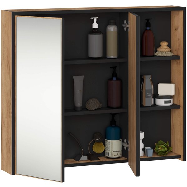 Ak furniture Závěsná koupelnová skříňka se zrcadlem VAMI 90 cm dub craft/černá
