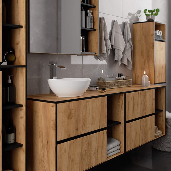 Ak furniture Závěsná skříňka pod umyvadlo VAMI s otvory 90 cm dub craft/černá