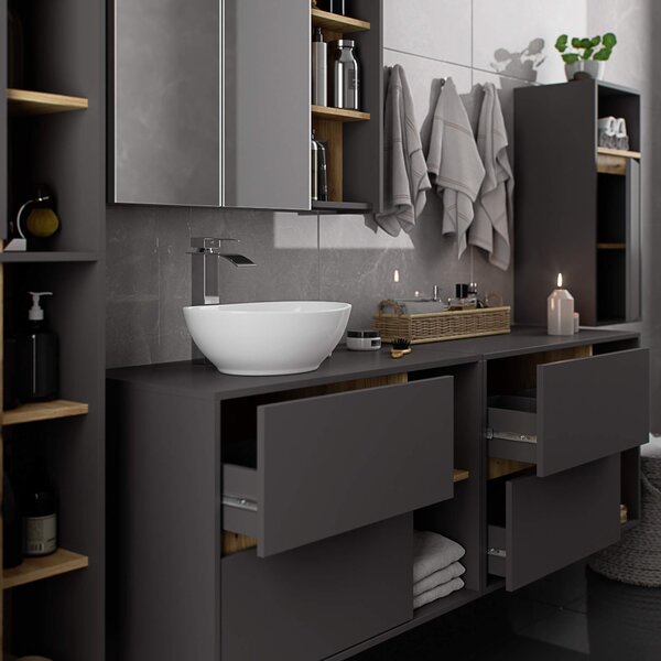 Ak furniture Závěsná skříňka pod umyvadlo VAMI s otvory 90 cm šedý grafit/dub artisan