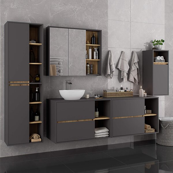 Ak furniture Závěsná skříňka pod umyvadlo VAMI s otvory 90 cm šedý grafit/dub artisan