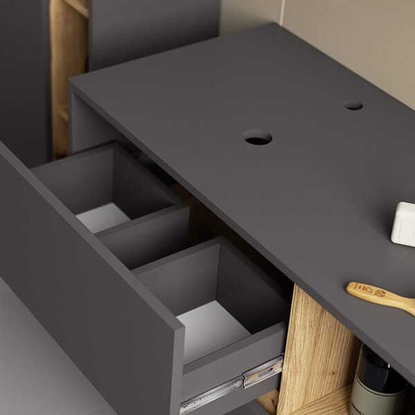 Ak furniture Závěsná skříňka pod umyvadlo VAMI s otvory 90 cm šedý grafit/dub artisan