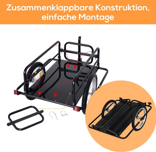 Skládací závěs HOMCOM pro bicykl s tažným zařízením, přijímačem a reflektory, nákladní vozík do 40 kg, transportní přívěs na kempování, nakupování, st