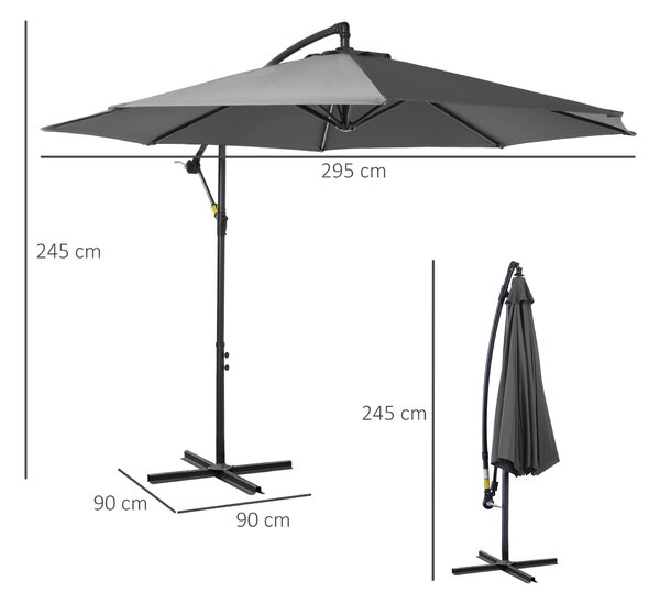Outsunny Volně stojící Slunečník Ø300 cm Sklopný Slunečník s UV Ochrannou a Kličkou, Slunečník se Stojanem pro Balkon, Zahradu a Terasu, Šedý | Aosom