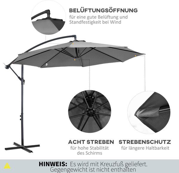 Outsunny Volně stojící Slunečník Ø300 cm Sklopný Slunečník s UV Ochrannou a Kličkou, Slunečník se Stojanem pro Balkon, Zahradu a Terasu, Šedý | Aosom
