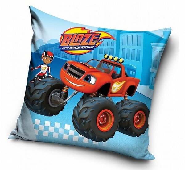 Licenční polštářek s motivem auta z pohádky Plamínek a Čtyřkoláci laděný do modré barvy. Rozměr polštářku je 40x40 cm