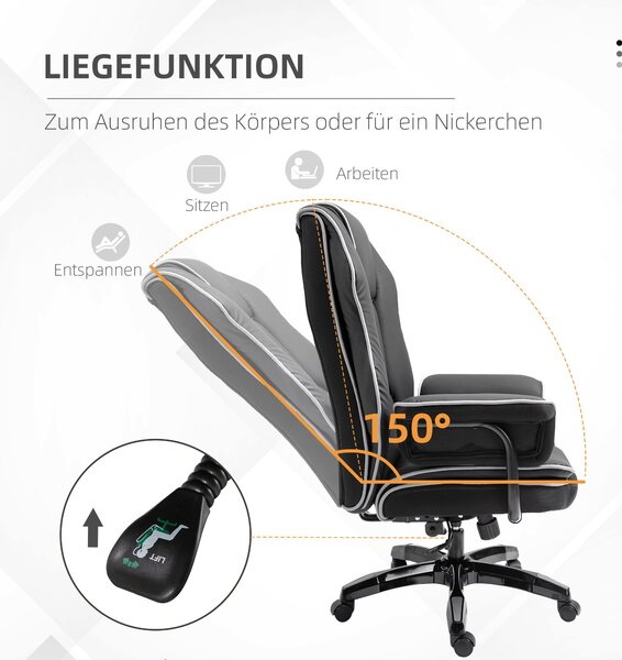 Vinsetto kancelářská židle, ergonomická kancelářská židle s funkcí sklopení, otočná funkce, výškově nastavitelná počítačová židle pro domácí kancelář