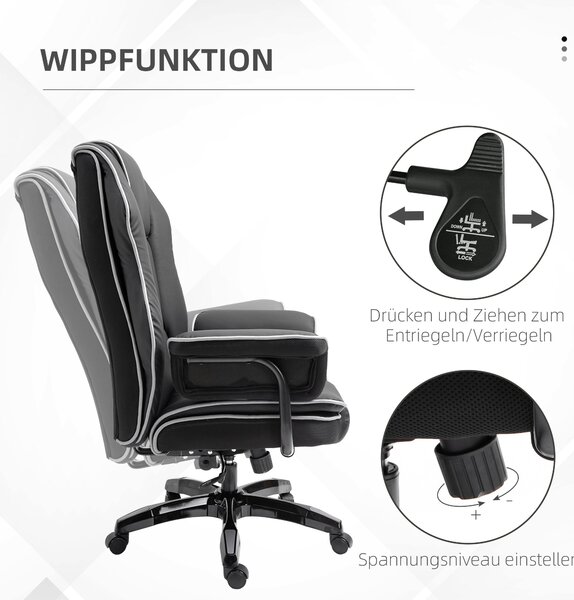 Vinsetto kancelářská židle, ergonomická kancelářská židle s funkcí sklopení, otočná funkce, výškově nastavitelná počítačová židle pro domácí kancelář