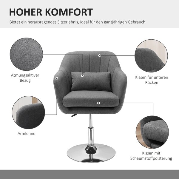 HOMCOM Křeslo Lounge s opěrkami, polštářem na bedra, čalouněné křeslo s kovovým rámem, v látkovém vzhledu, výškově nastavitelná otočná židle do ložnic