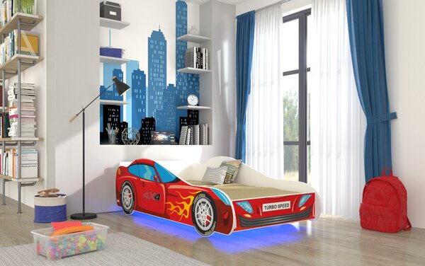 ADRK Postel AUTO 4x4, CH-CAR-4X4-140+L-S001, 140x70 cm s LED osvětlením a matrací, červená