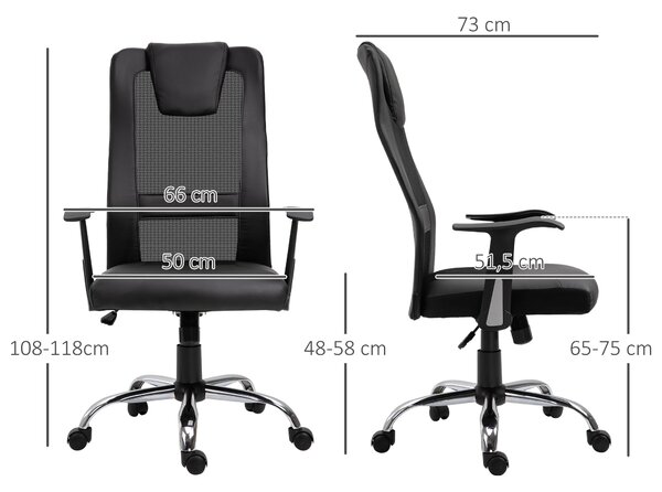 Otáčecí kancelářská židle Vinsetto s výškovým nastavením, ergonomická PU černá 66 x 73 x 108-118 cm | Aosom