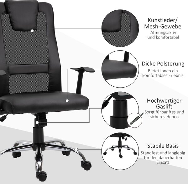 Otáčecí kancelářská židle Vinsetto s výškovým nastavením, ergonomická PU černá 66 x 73 x 108-118 cm | Aosom