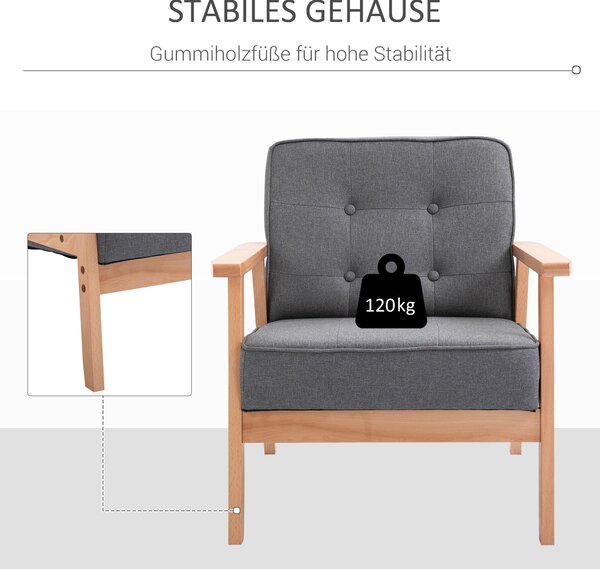 HOMCOM Samostatné Křeslo Lounge s Čalouněním a Dřevěným Rámem, Lněné Šedé 64,5 x 70 x 74 cm | Aosom