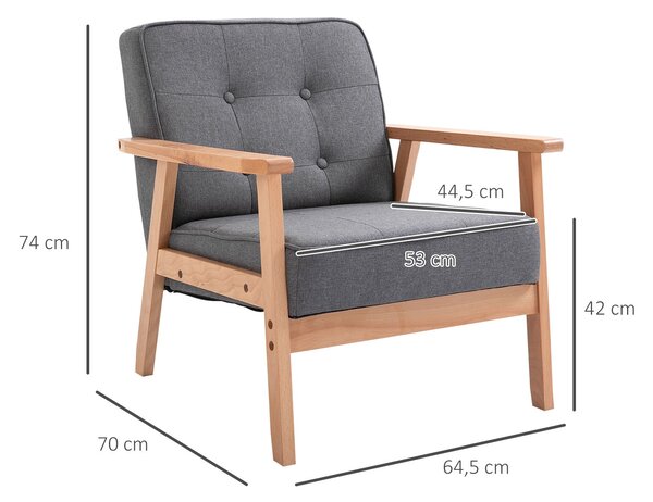 HOMCOM Samostatné Křeslo Lounge s Čalouněním a Dřevěným Rámem, Lněné Šedé 64,5 x 70 x 74 cm | Aosom